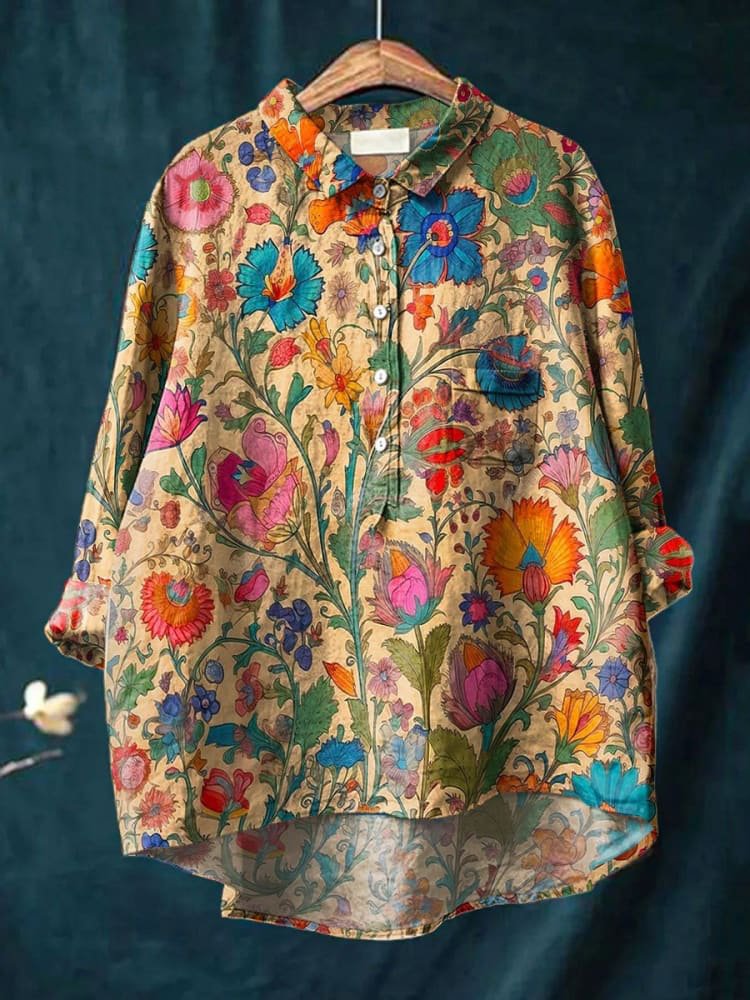 Women'S Vintage Indian Folk Floral Art Print Casual Cotton and Linen Shirt